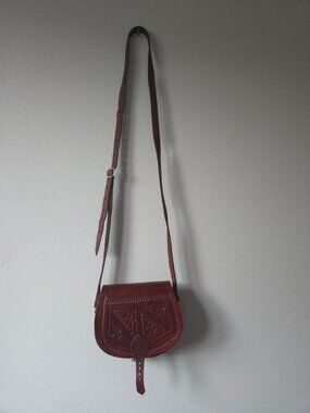 Vintage Hand Tooled Leather Saddle Bag Stamped Geometric Crossbody Purse Small